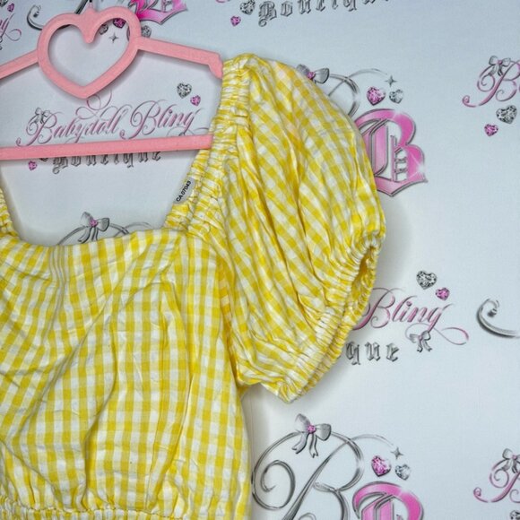 Sim & Sam top milkmaid gingham picnic yellow white tie up corset back stretchy - Picture 4 of 9